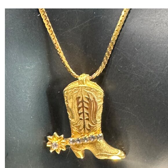 Gold-Plated Western Boot Pendant Necklace With Rhinestone Detailing - Picture 1 of 9